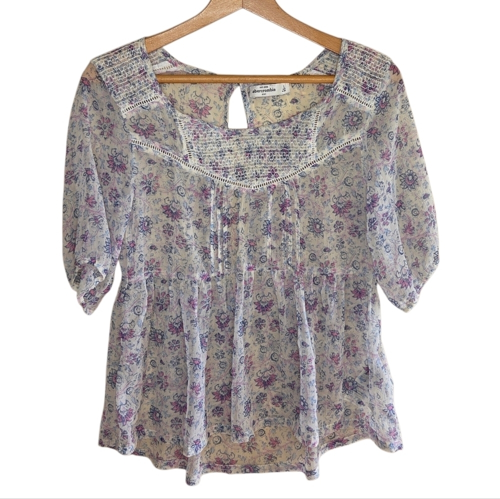 Y2K Abercrombie Kids Smocked Floral Peasant Boho Blouse Girls Size Large